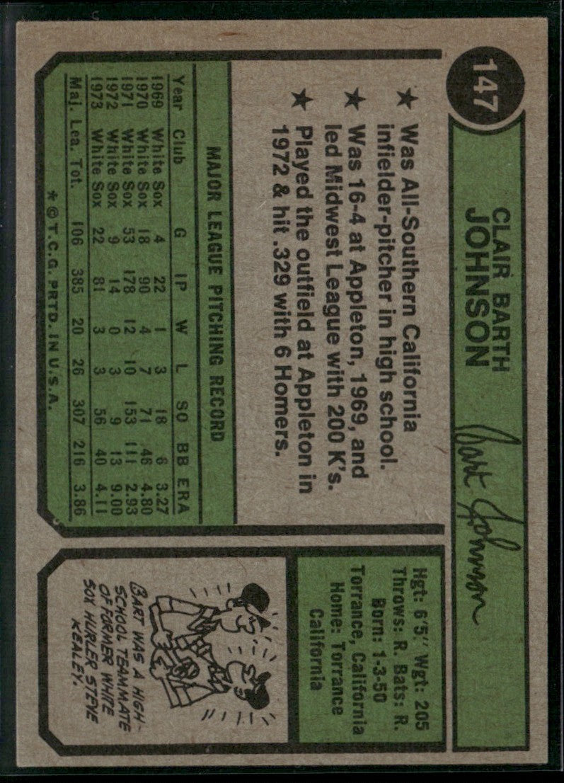Bart Johnson 1974 Topps #147 Chicago White Sox