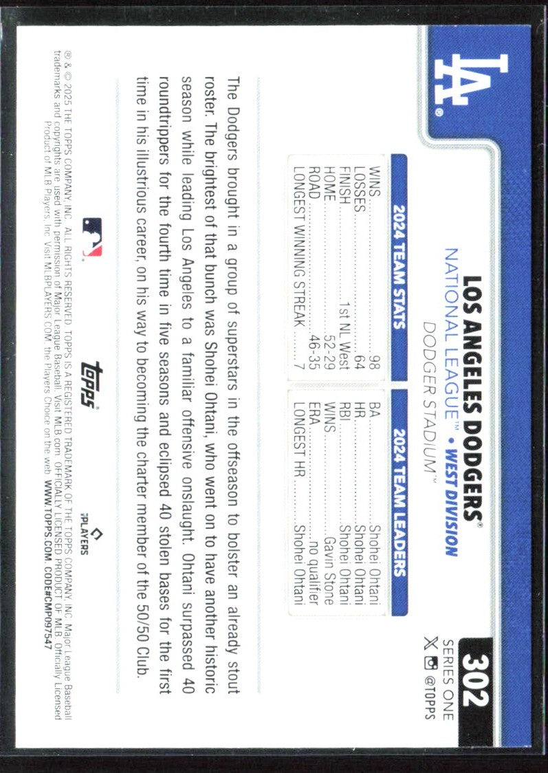 Los Angeles Dodgers 2025 Topps Diamante #302 Los Angeles Dodgers