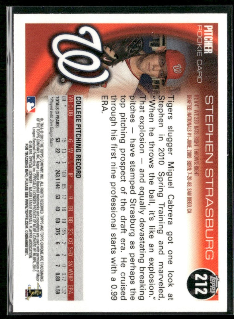 Stephen Strasburg 2010 Topps Chrome RC #212 Washington Nationals