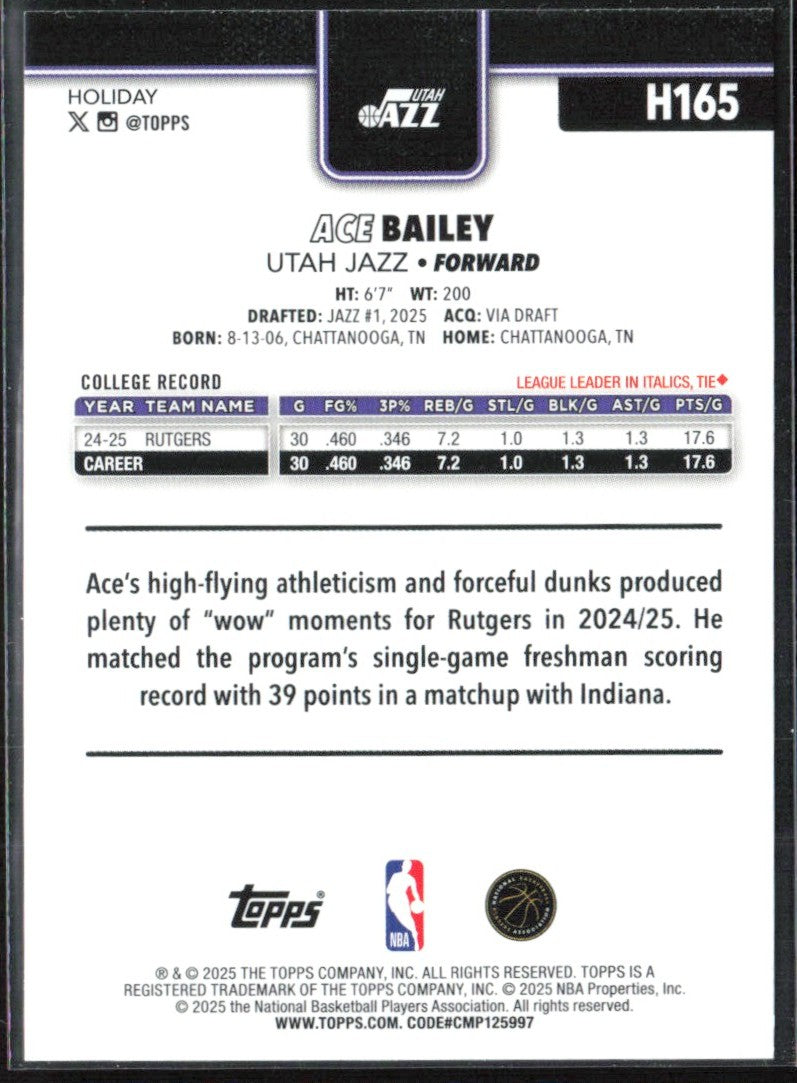 Ace Bailey 2025 Topps Holiday RC #H165 Utah Jazz