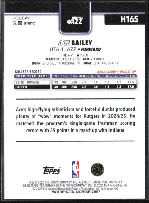 Ace Bailey 2025 Topps Holiday RC #H165 Utah Jazz
