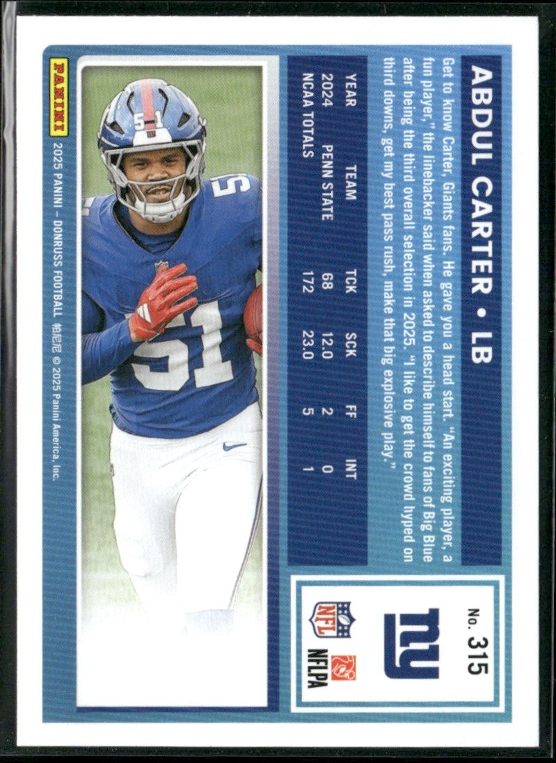 Abdul Carter 2025 Panini Donruss RC #315 New York Giants
