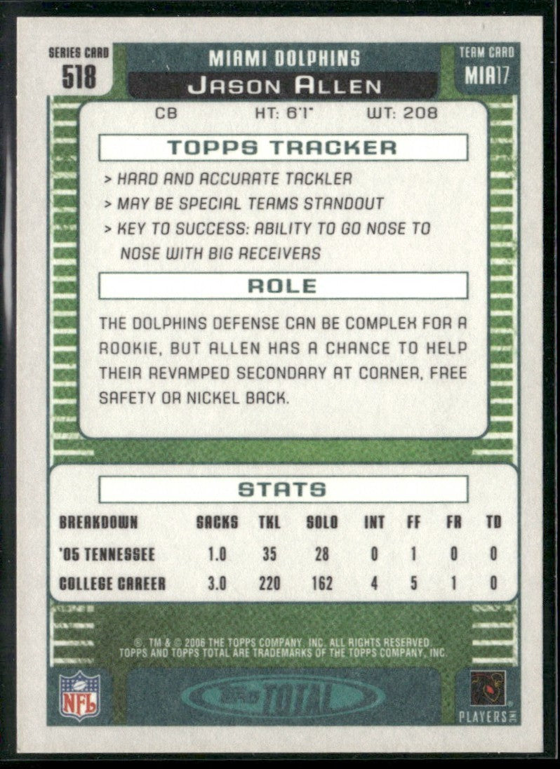 Jason Allen 2006 Topps Total Blue RC #518 Miami Dolphins