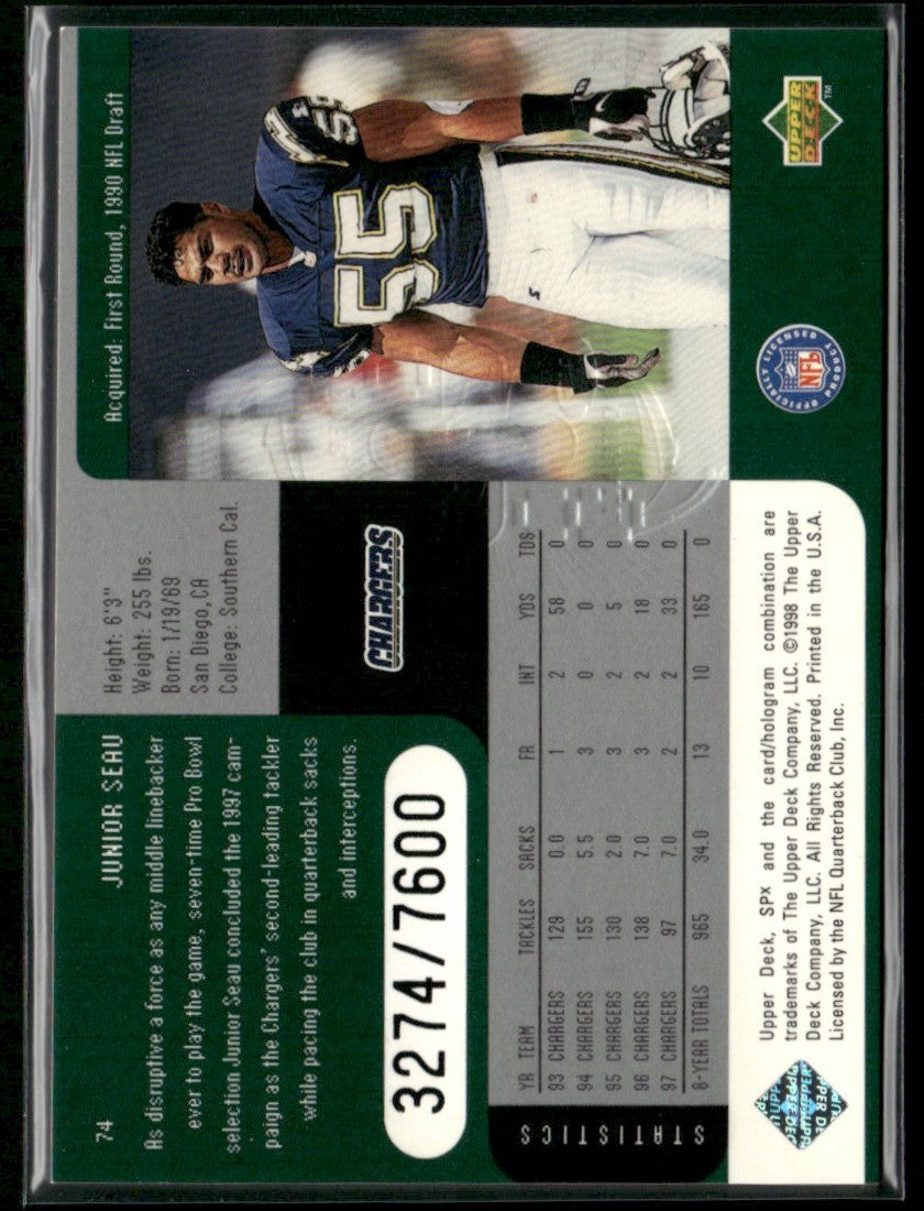 Junior Seau 1998 SPx Finite /7600 #74 San Diego Chargers