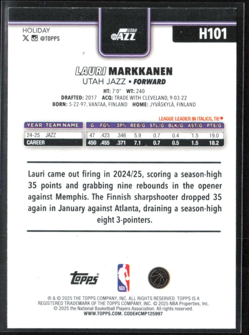 Lauri Markkanen 2025 Topps Holiday Silver Glitter #H101 Utah Jazz