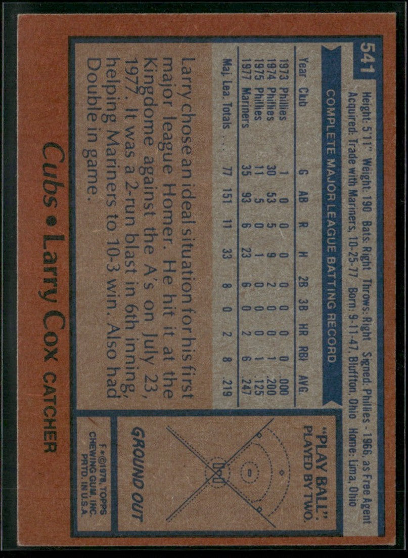 Larry Cox 1978 Topps #541 Chicago Cubs