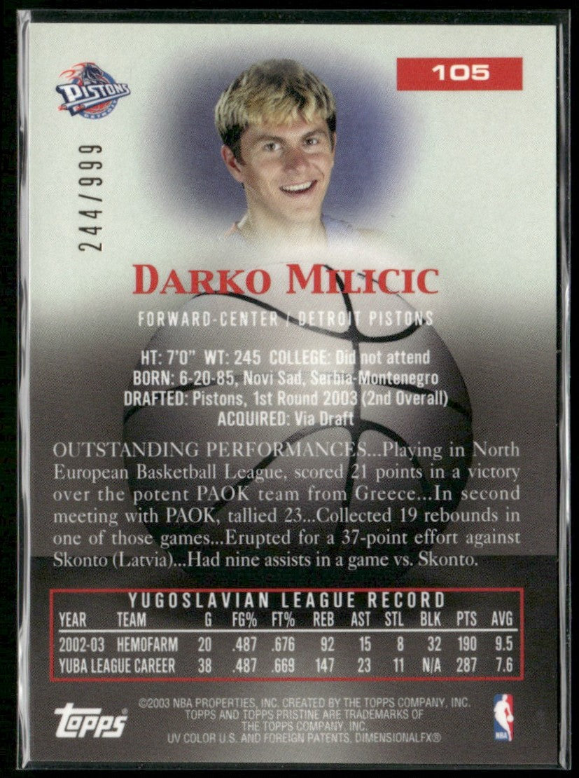Darko Milicic 2003 Topps Pristine /999 #105 Detroit Pistons