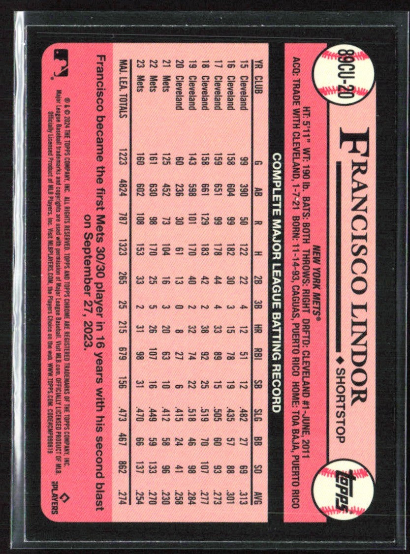 Francisco Lindor 2024 Topps Chrome 1989 Design #89CU-20 New York Mets