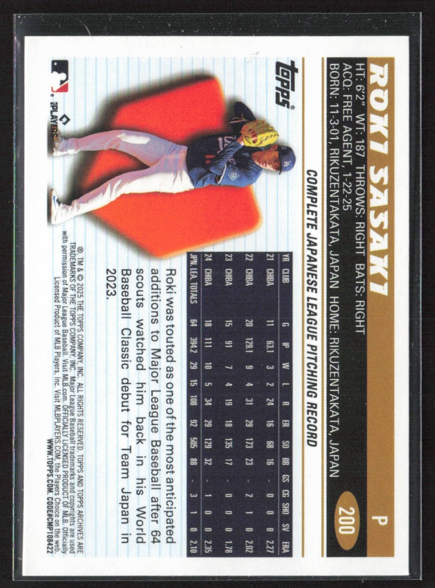 Roki Sasaki 2025 Topps Archives 1996 Topps Black Foilboard RC #200