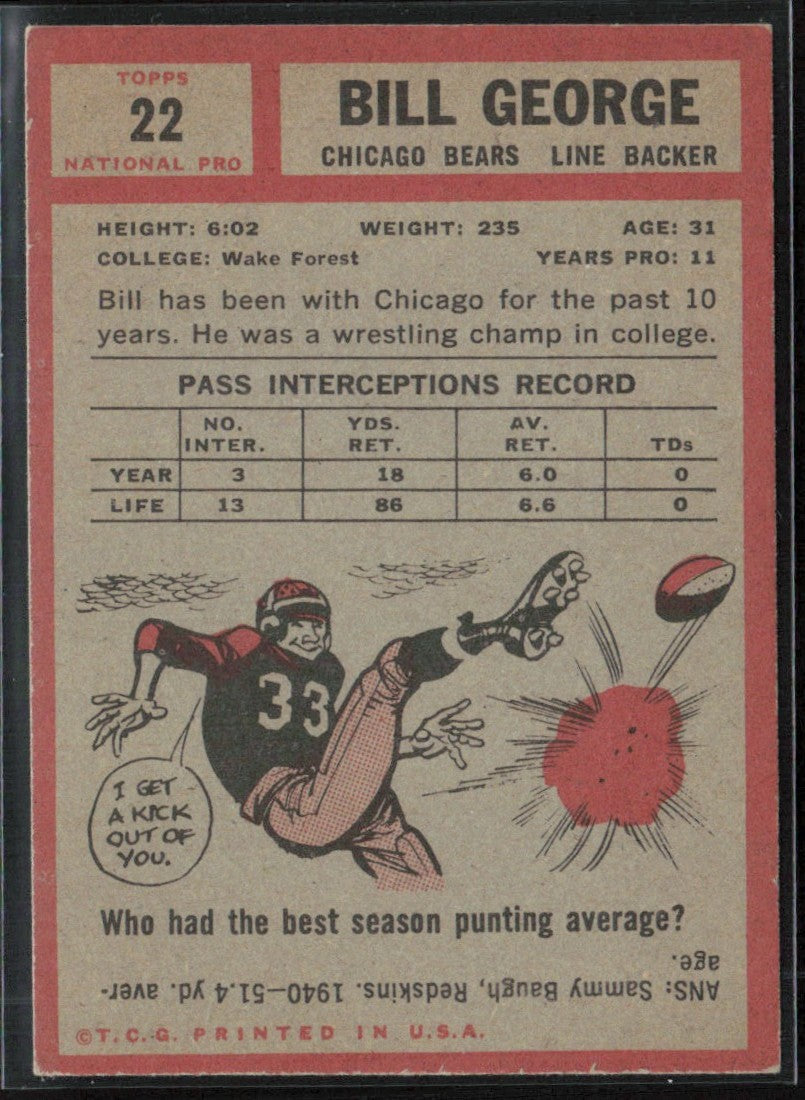 Bill George 1962 Topps #22 Chicago Bears
