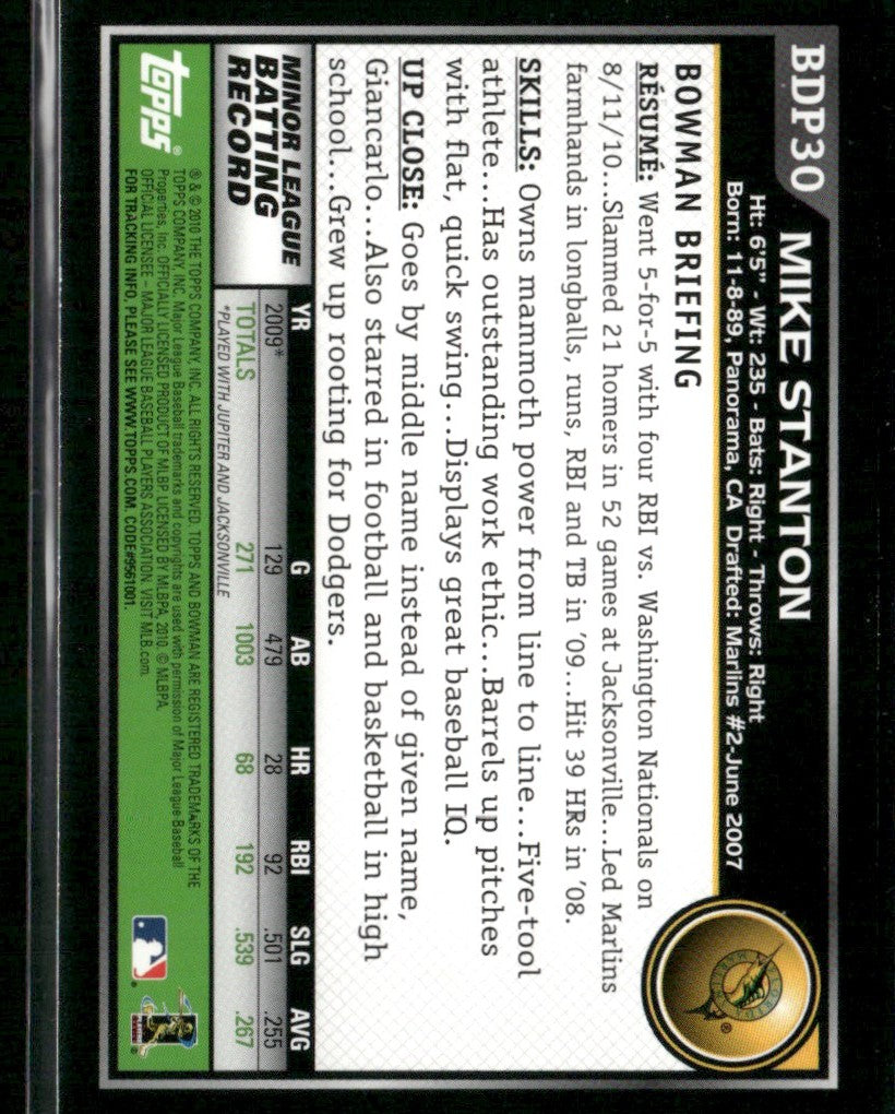 Mike Stanton 2010 Bowman Draft Picks & Prospects RC #BDP30 Florida Marlins
