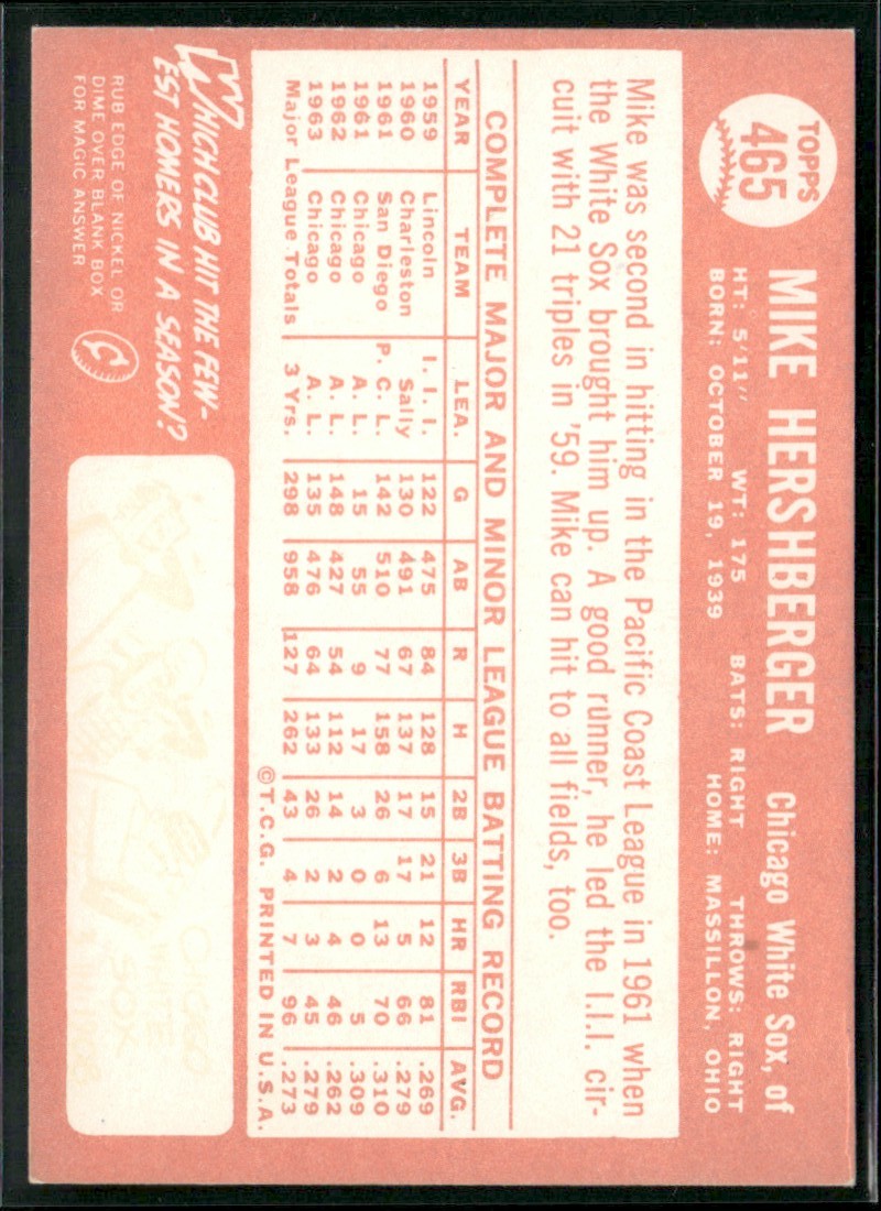 Mike Hershberger 1964 Topps #465 Chicago White Sox