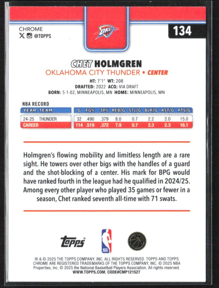 Chet Holmgren 2025 Topps Chrome Pulsar Refractor #134 Oklahoma City Thunder
