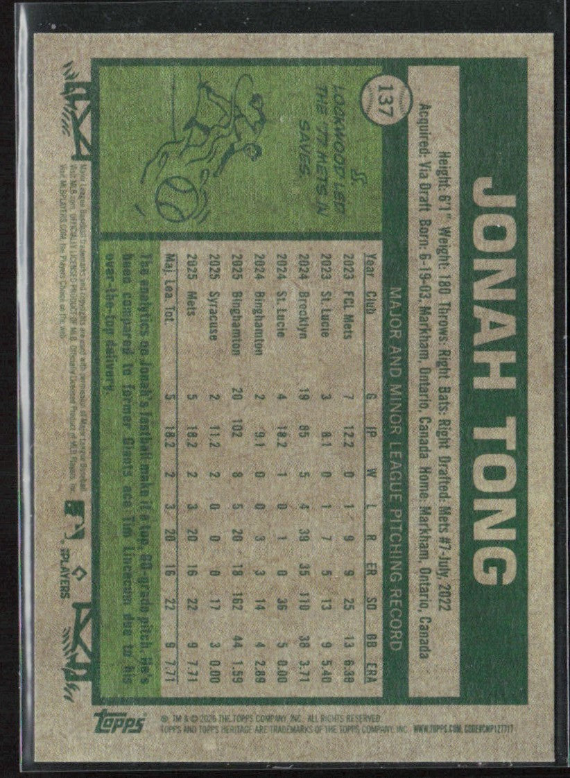 Jonah Tong 2026 Topps Heritage RC #137 New York Mets