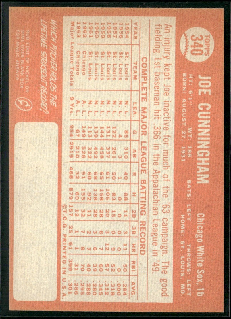 Joe Cunningham 1964 Topps #340 Chicago White Sox