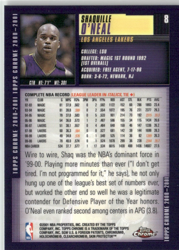 Shaquille O'Neal 2000 Topps Chrome #8 Los Angeles Lakers