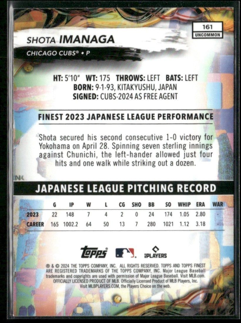 Shota Imanaga 2024 Topps Finest Uncommon RC #161 Chicago Cubs