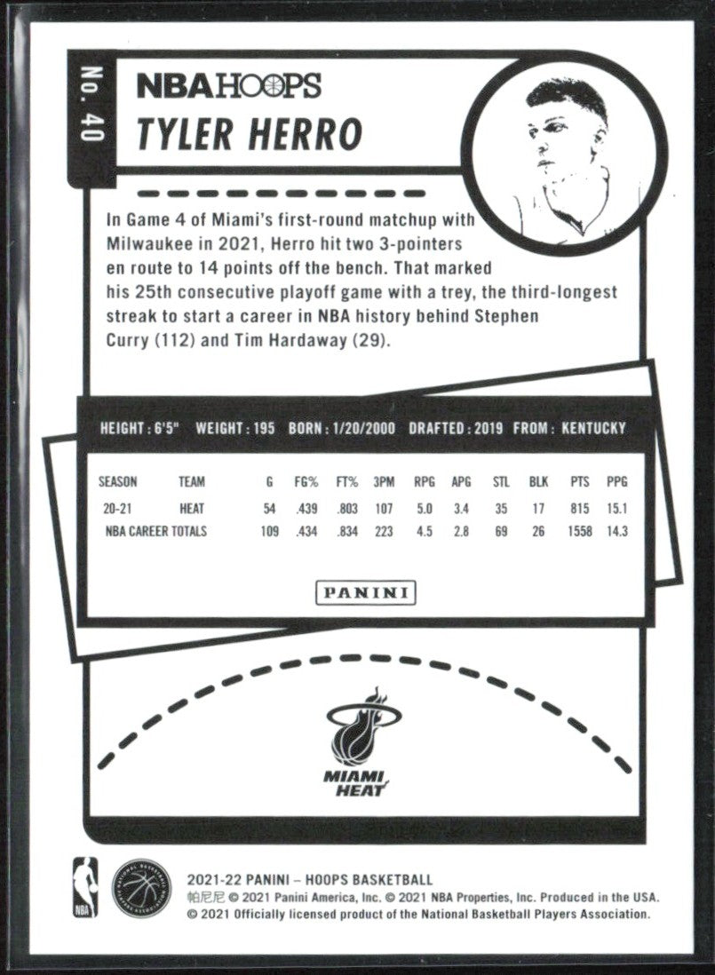 Tyler Herro 2021 Hoops Silver /199 #40 Miami Heat