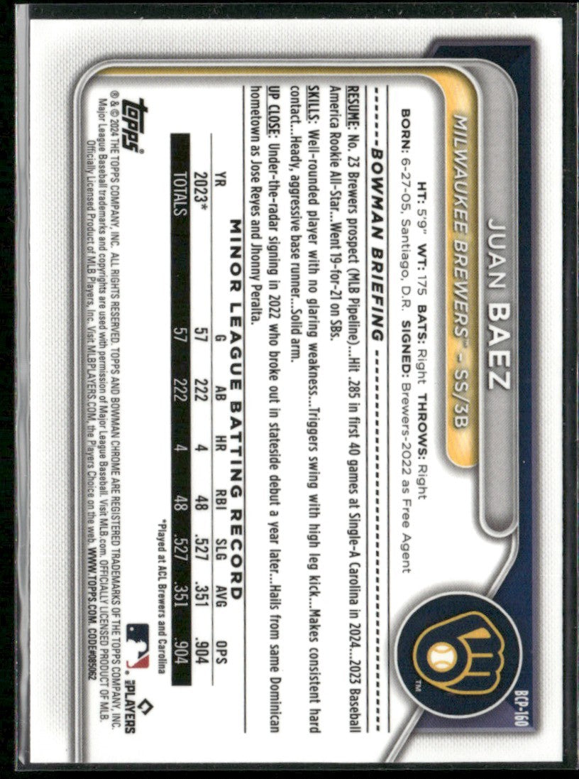 Juan Baez 2024 Bowman Chrome 1st #BCP-160 Milwaukee Brewers