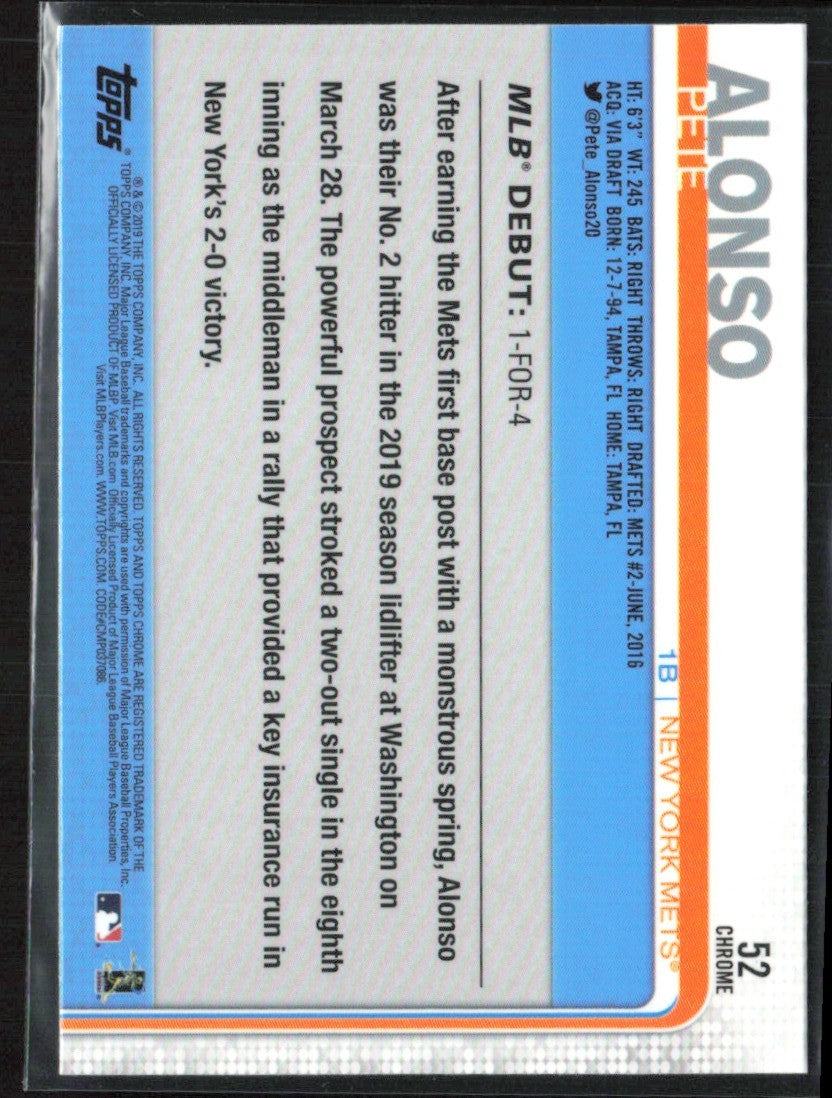 Pete Alonso 2019 Topps Chrome Update RC #52 New York Mets