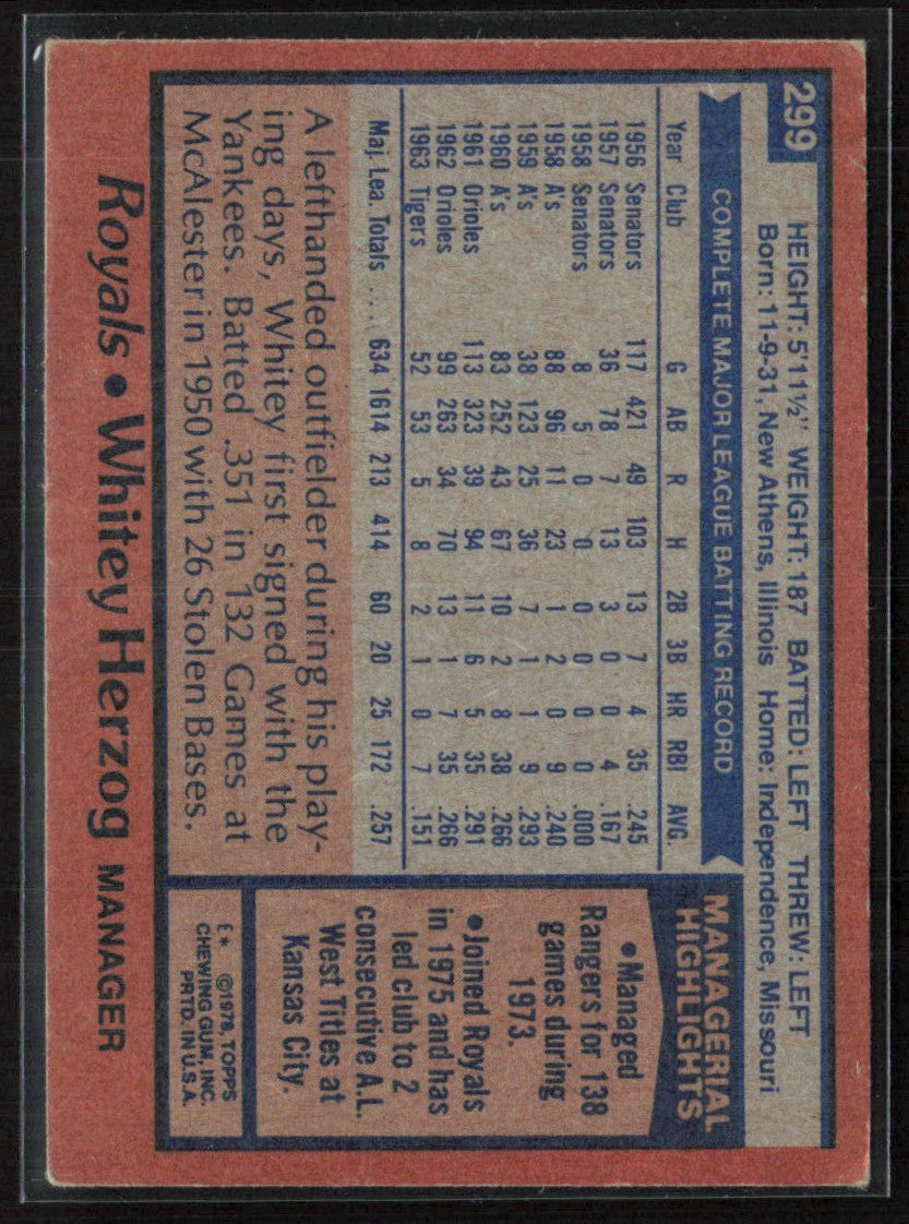 Whitey Herzog 1978 Topps #299 Kansas City Royals