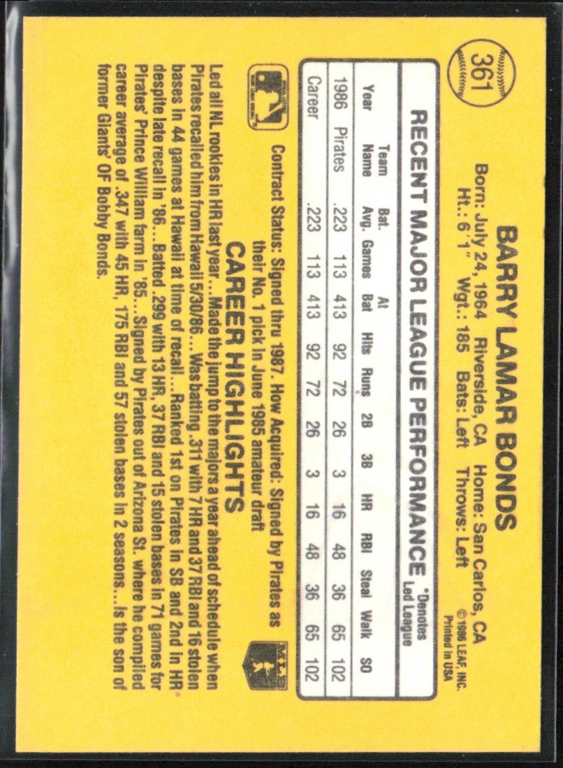 Barry Bonds 1987 Donruss RC #361 Pittsburgh Pirates