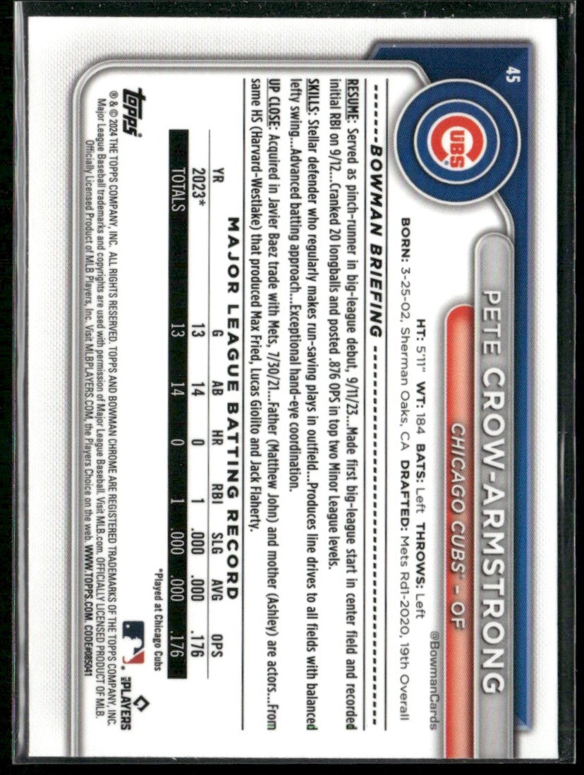 Pete Crow-Armstrong 2024 Bowman Chrome RC #45 Chicago Cubs