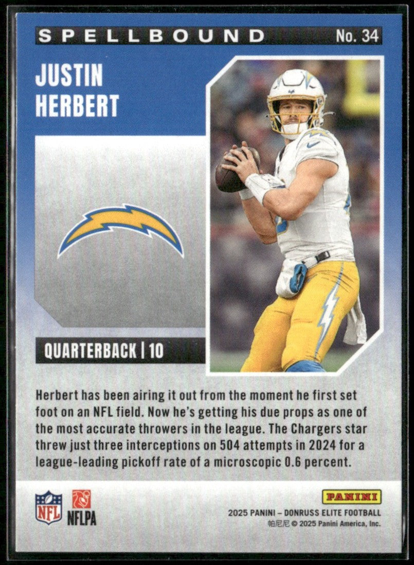 Justin Herbert 2025 Donruss Elite Spellbound H Green #34 Los Angeles Chargers