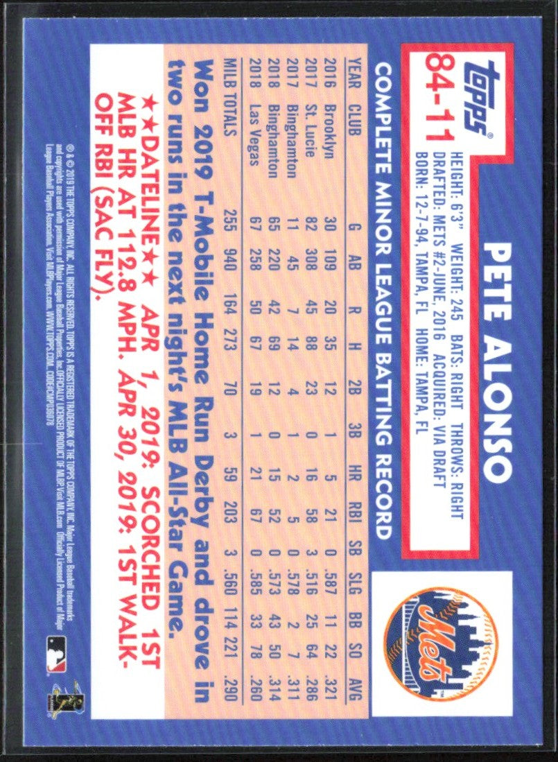 Pete Alonso 2019 Topps 1984 Design RC #84-11 New York Mets