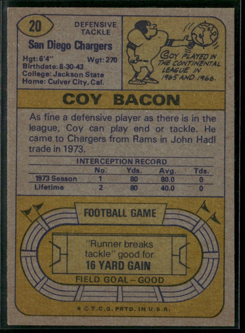 Coy Bacon 1974 Topps #20 San Diego Chargers