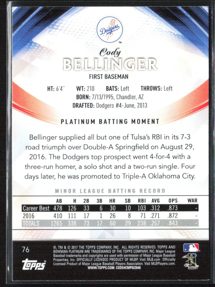 Cody Bellinger 2017 Bowman Platinum RC #76 Los Angeles Dodgers