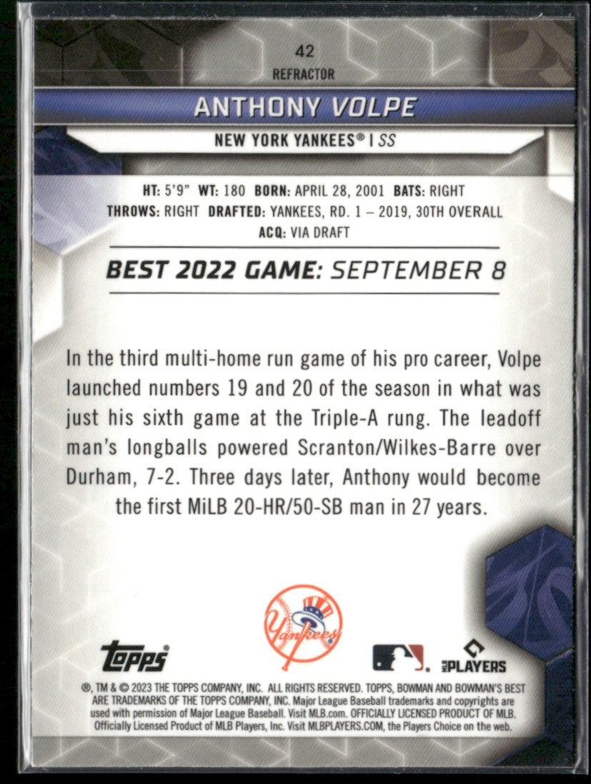 Anthony Volpe 2023 Bowman's Best Refractor RC #42 New York Yankees