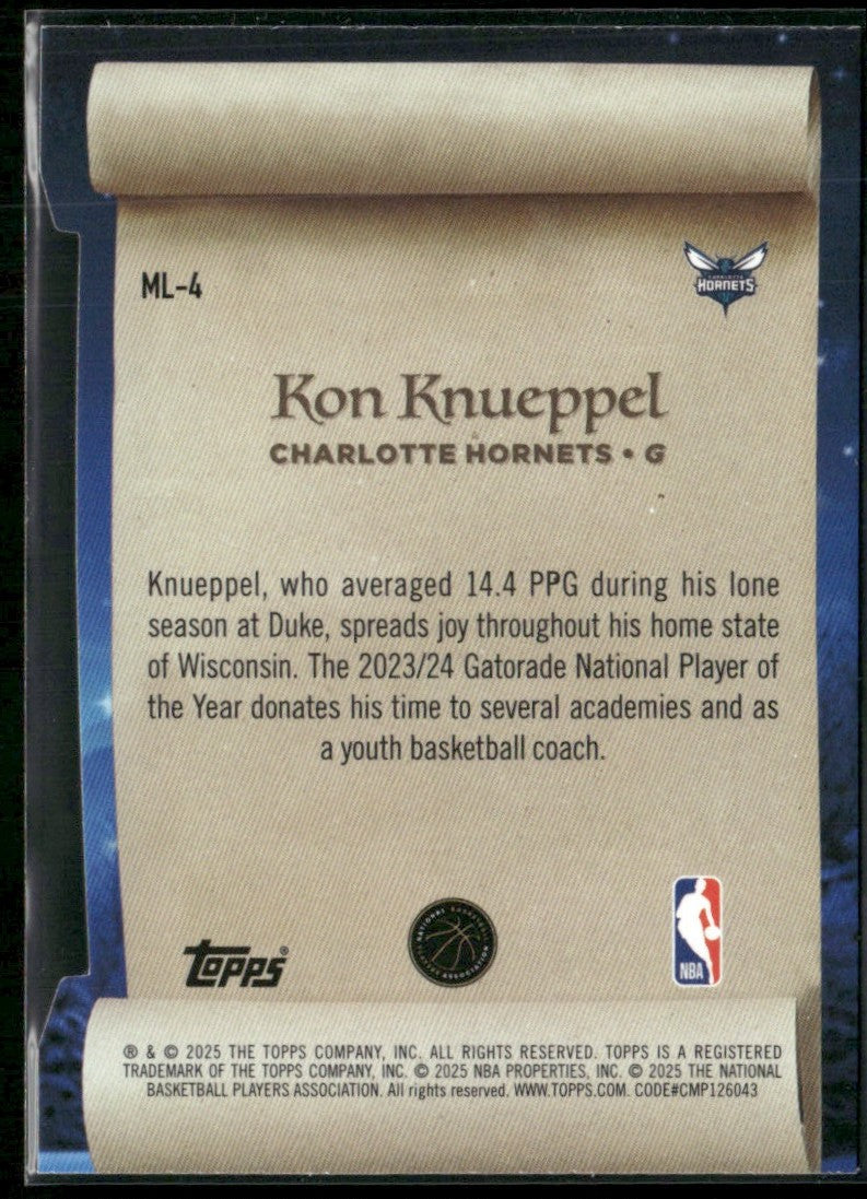 Kon Knueppel 2025 Topps Holiday Making The Nice List RC #ML-4 Charlotte Hornets
