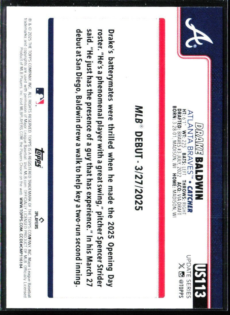 Drake Baldwin 2025 Topps Update RC #US113 Atlanta Braves