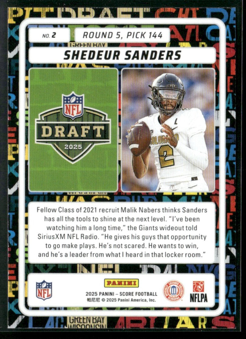 Shedeur Sanders 2025 Panini Score NFL Draft RC #2 Cleveland Browns