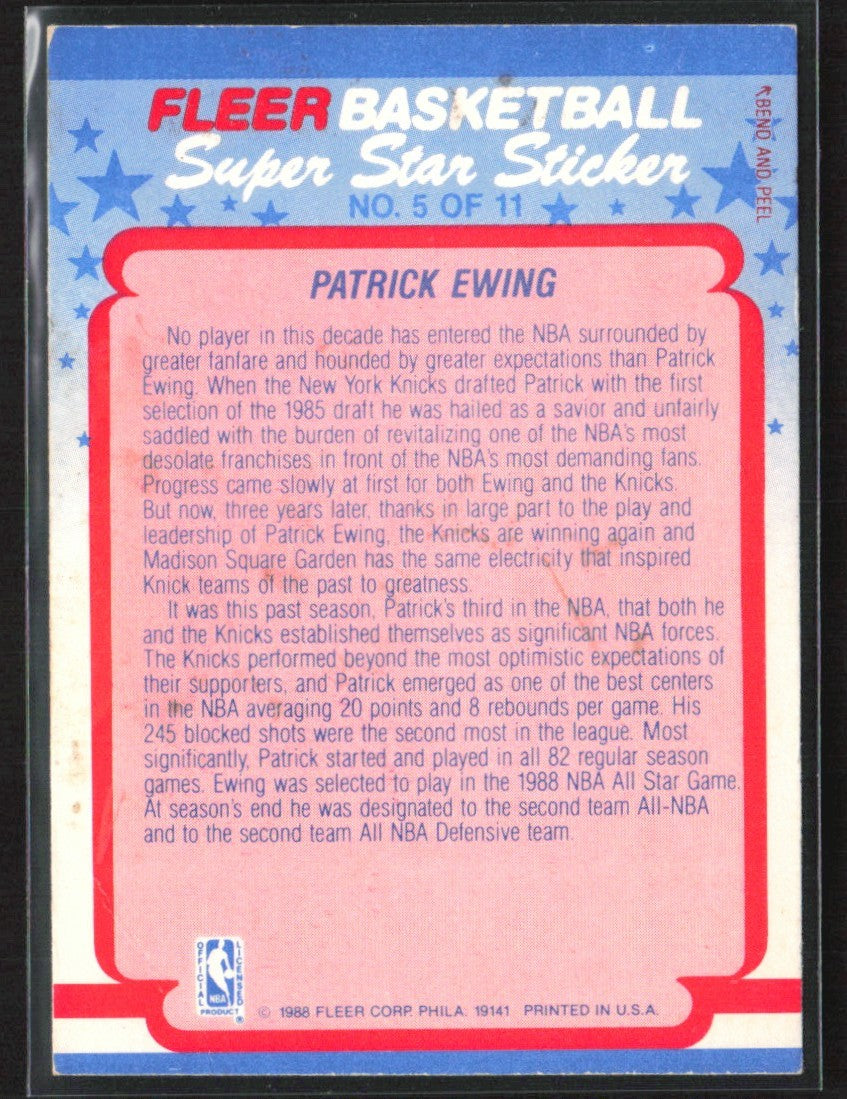 Patrick Ewing 1988 Fleer Superstar Sticker #5 New York Knicks