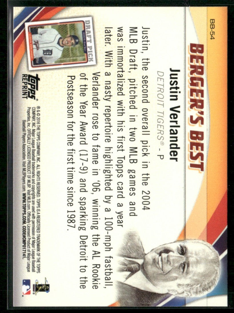 Justin Verlander 2016 Topps Berger's Best #BB-54 Detroit Tigers