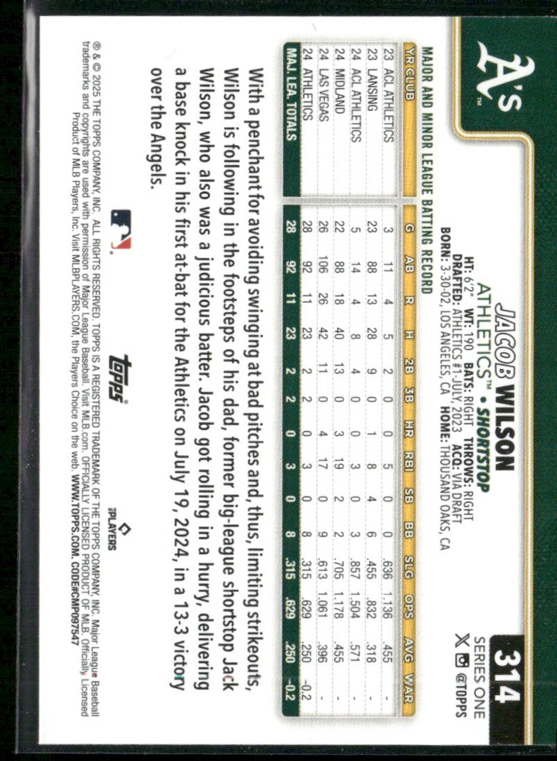 Jacob Wilson 2025 Topps RC #314 Athletics