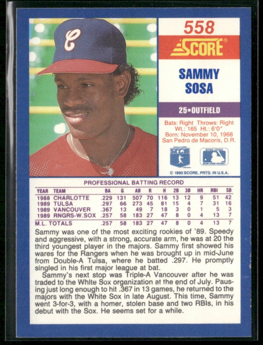 Sammy Sosa 1990 Score RC #558 Chicago White Sox