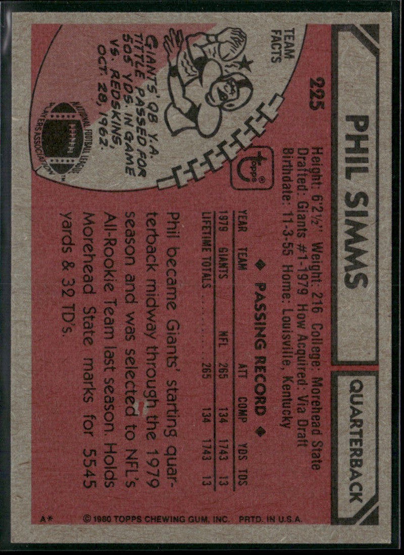 Phil Simms 1980 Topps RC #225 New York Giants