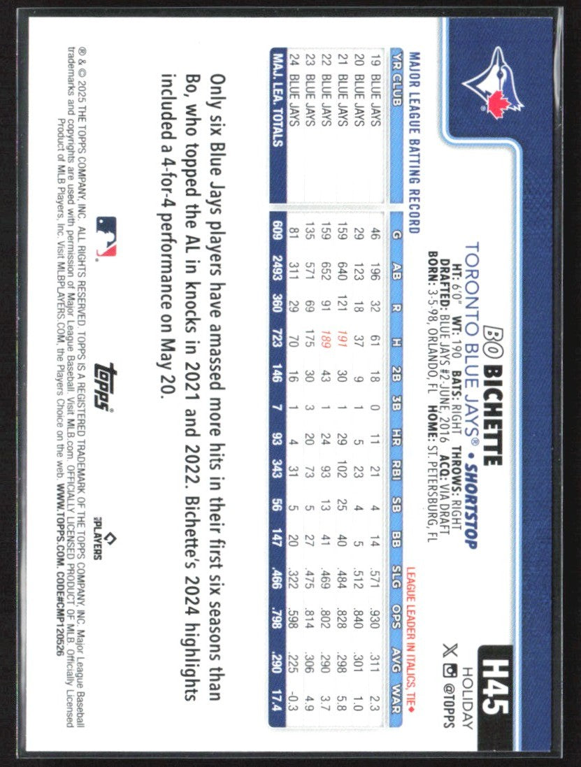 Bo Bichette 2025 Topps Holiday Light Blue & Whitte Glitter #H45