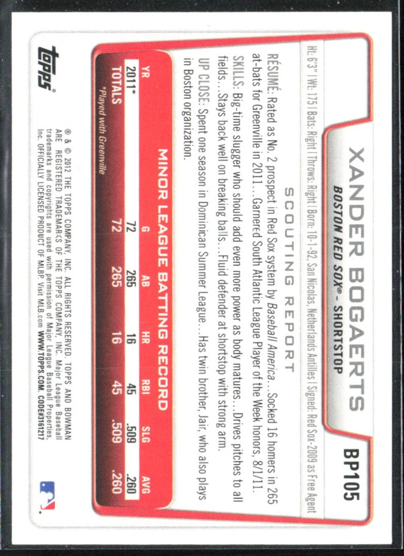 Xander Bogaerts 2012 Bowman Prospects #BP105 Boston Red Sox