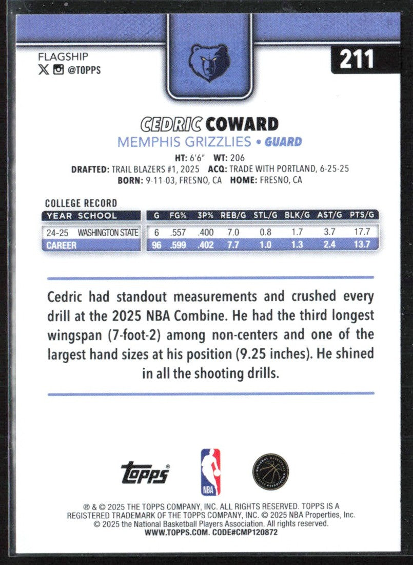 Cedric Coward 2025 Topps RC #211 Memphis Grizzlies