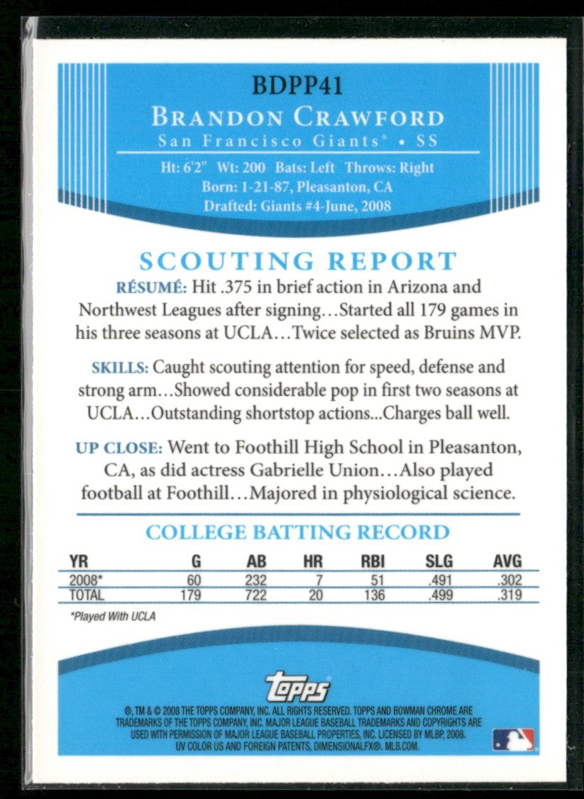 Brandon Crawford 2008 Bowman Draft Picks & Prospects Chrome 1st #BDPP41