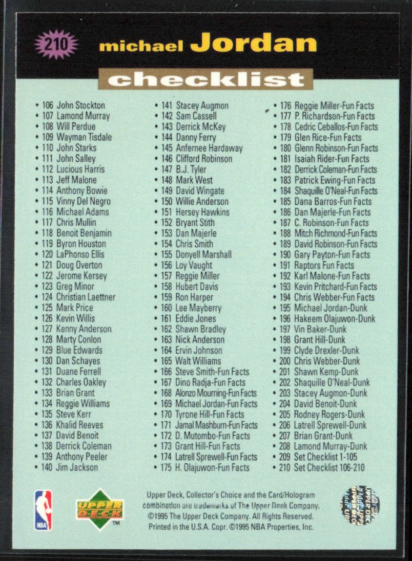 Michael Jordan 1995 Collector's Choice Checklist #210 Chicago Bulls