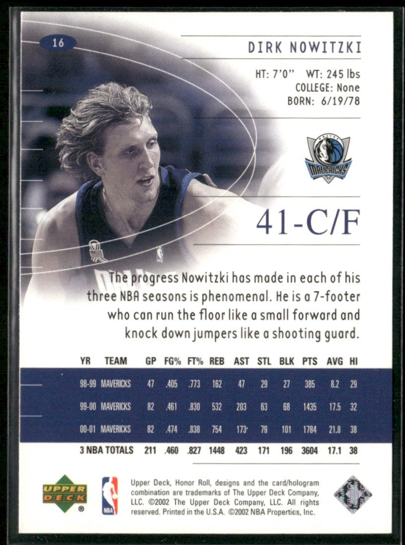 Dirk Nowitzki 2001 Upper Deck Honor Roll #16 Dallas Mavericks