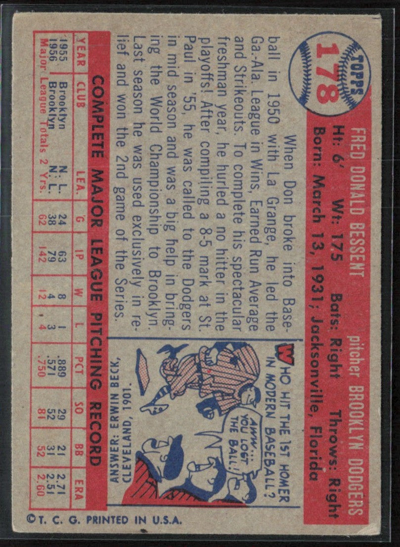 Don Bessent 1957 Topps #178 Brooklyn Dodgers