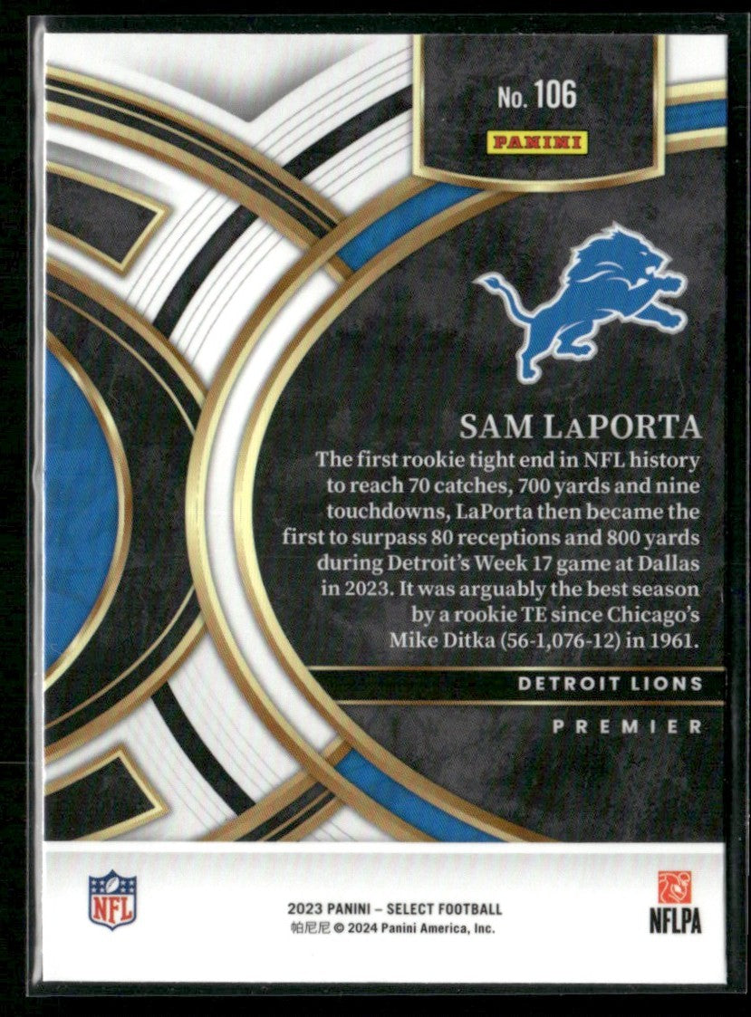 Sam LaPorta 2023 Panini Select Premier RC #106 Detroit Lions