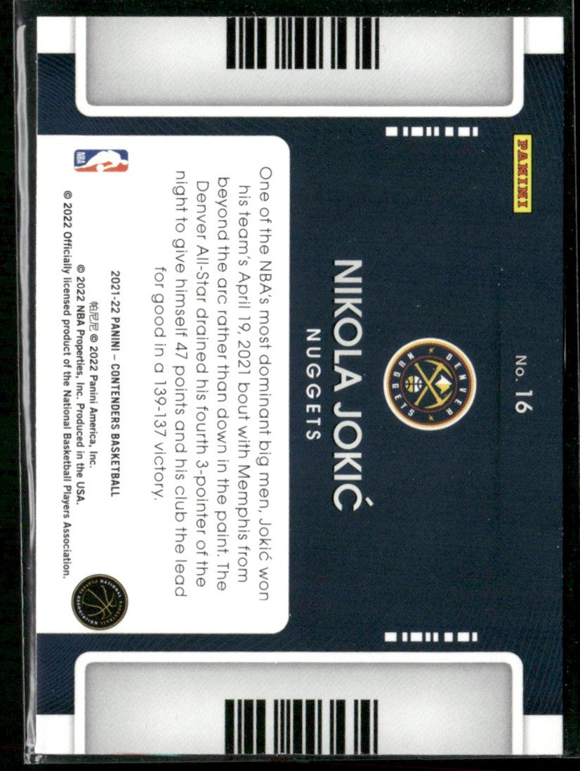 Nikola Jokic 2021 Panini Contenders Game Night Ticket #16 Denver Nuggets