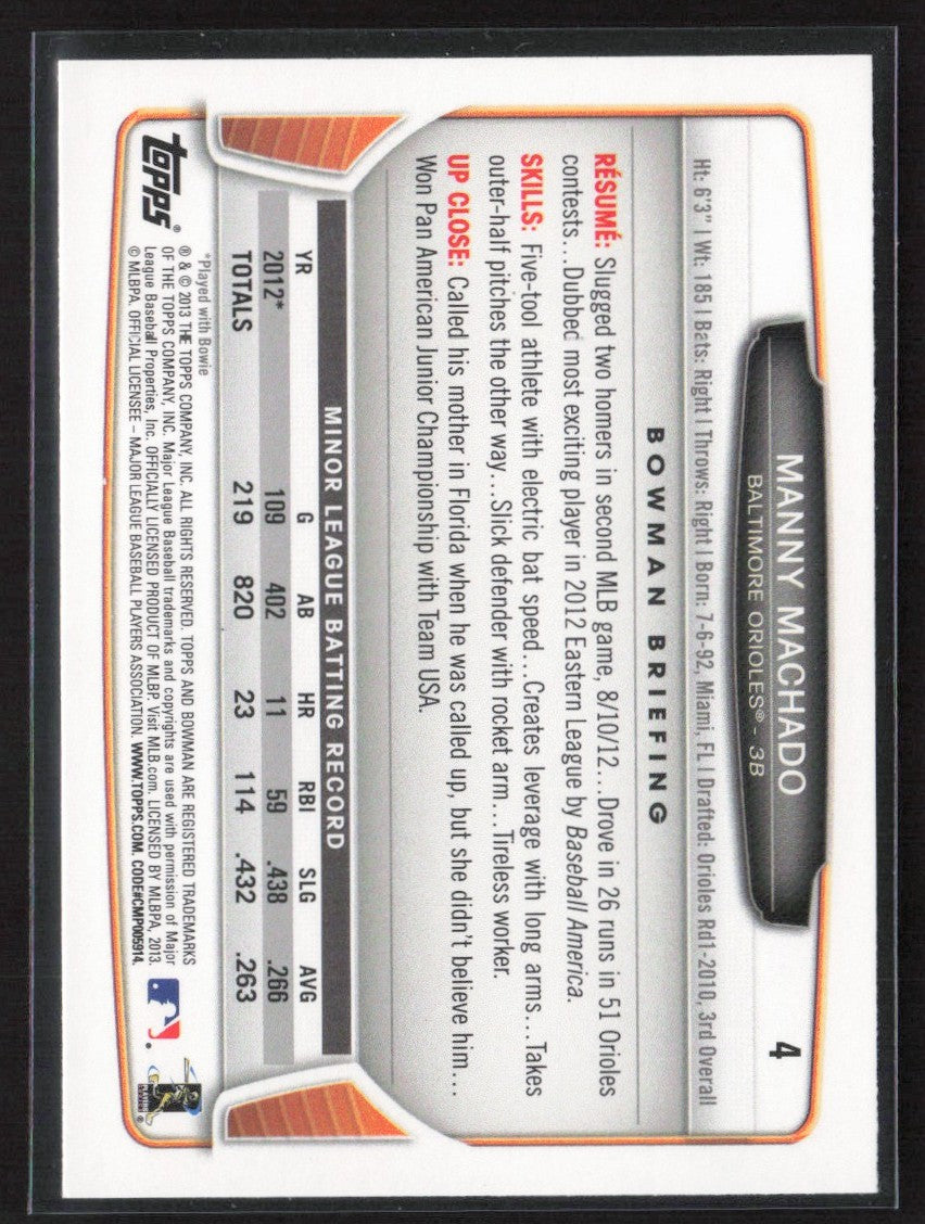Manny Machado 2013 Bowman Draft Picks & Prospects RC #4 Baltimore Orioles